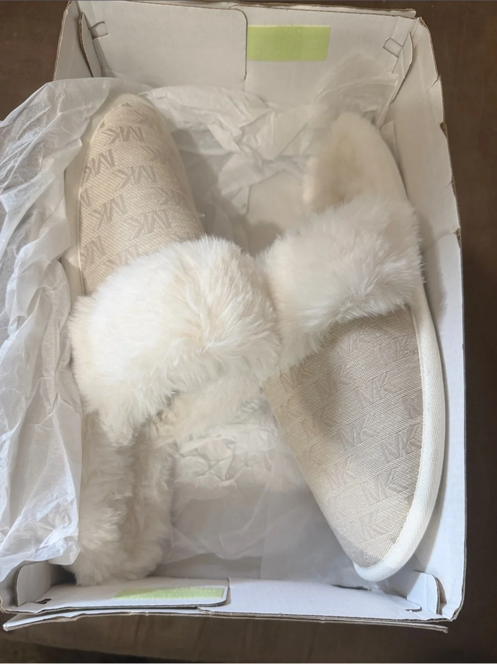 Michael Kors Tula Scuff Cream Faux-Fur Logo Slide Slippers